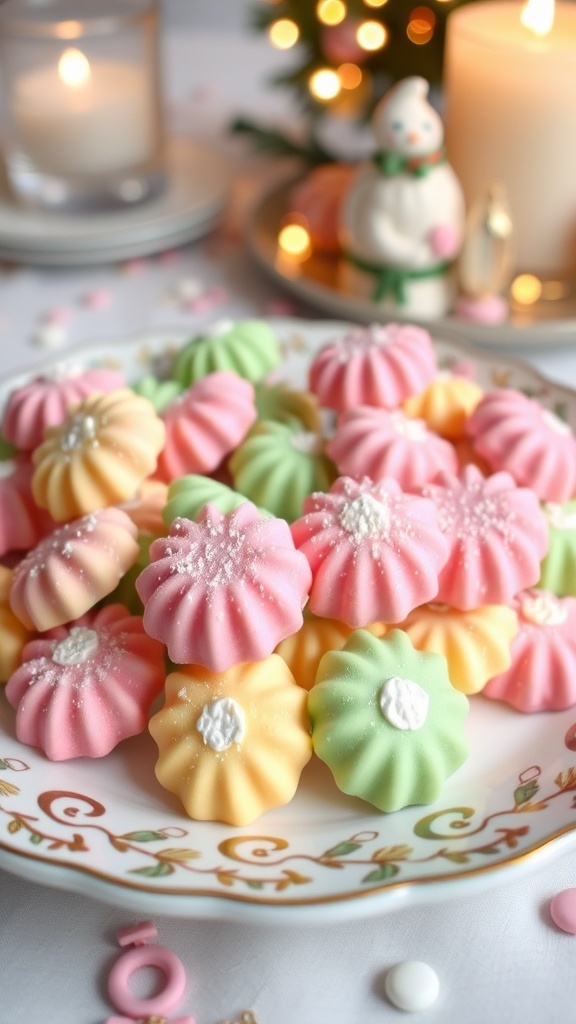 Colorful homemade butter mints on a decorative plate, dusted with sugar.